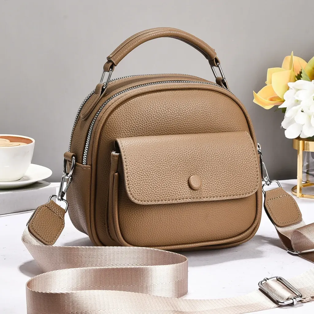 Round PU Leather Handbag For Women Featuring Sewing Thread Design With Top Handle