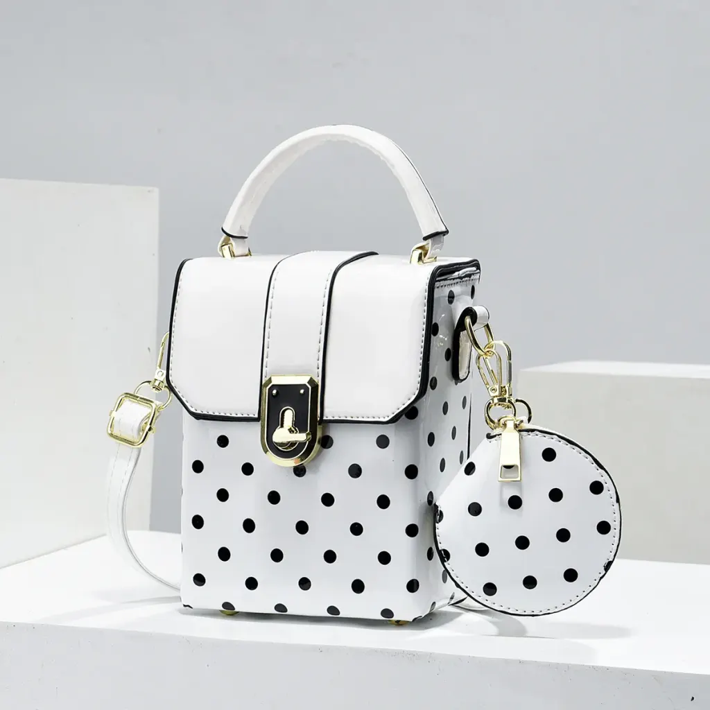 Polka Dots Square PU Leather Bag Set Featuring Sewing Thread With Top Handle