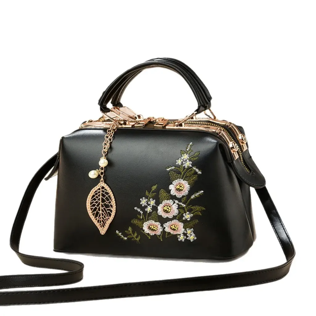 Medium Square PU Leather Bag With Embroidery And Zipper Closure, Stylish Vintage European And American Design