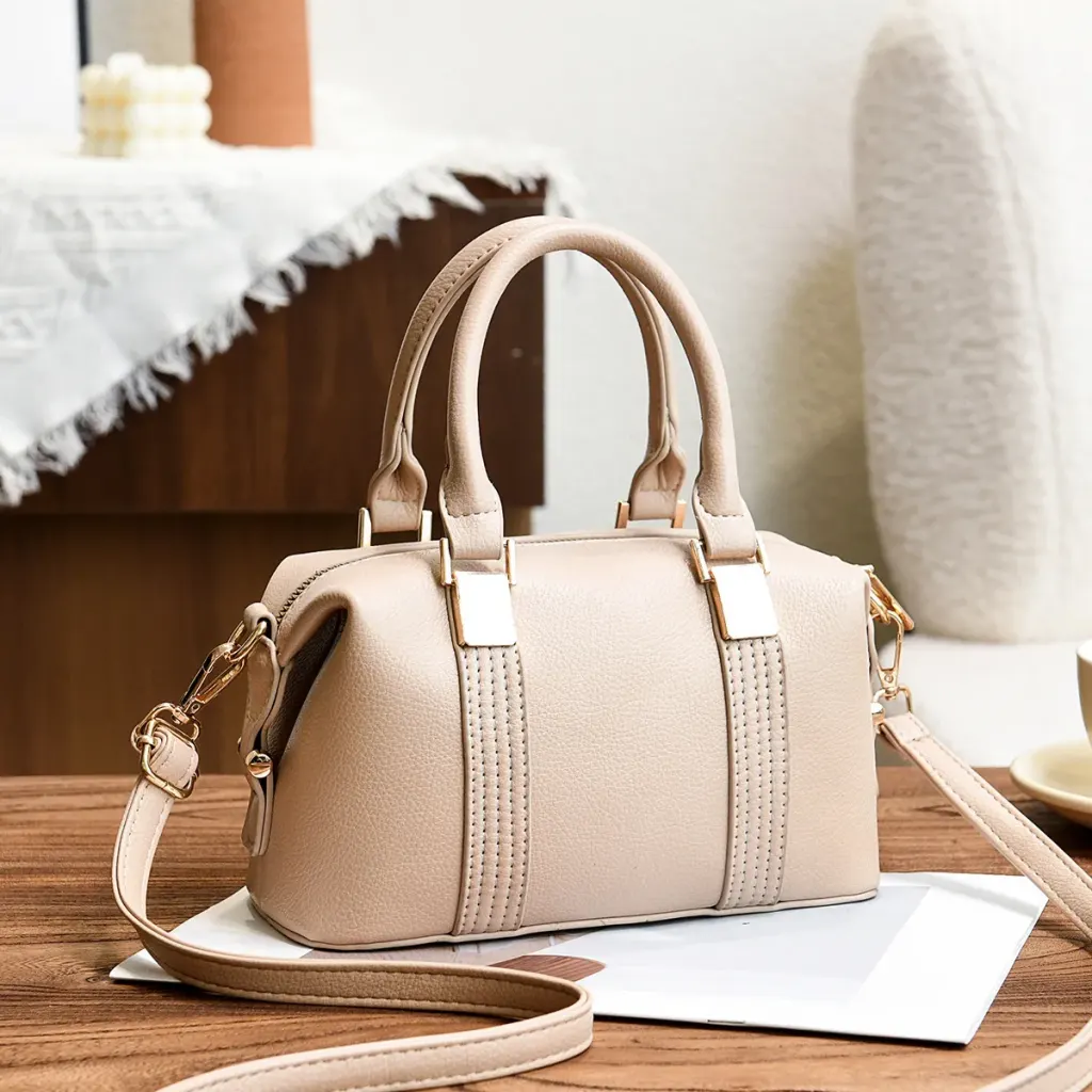 Women’s Square Boston Bag In PU Leather With Sewing Thread Detail, Top Handle