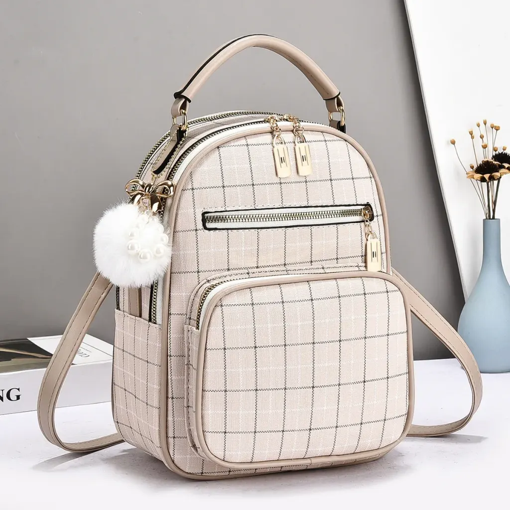 Plaid Women's Backpack With Wear-Resistant Design, Featuring Fluff Ball Detail, Made Of PU