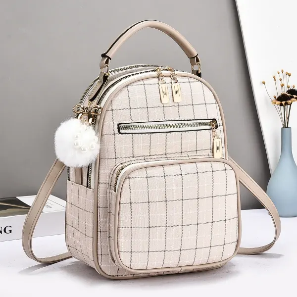 Plaid Women's Backpack With Wear-Resistant Design, Featuring Fluff Ball Detail, Made Of PU