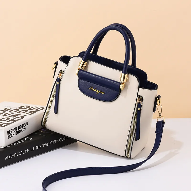 Large Color Block Top Handle Bag For Women In Pu Leather With Zipper Closure, Featuring Retro European And American Style