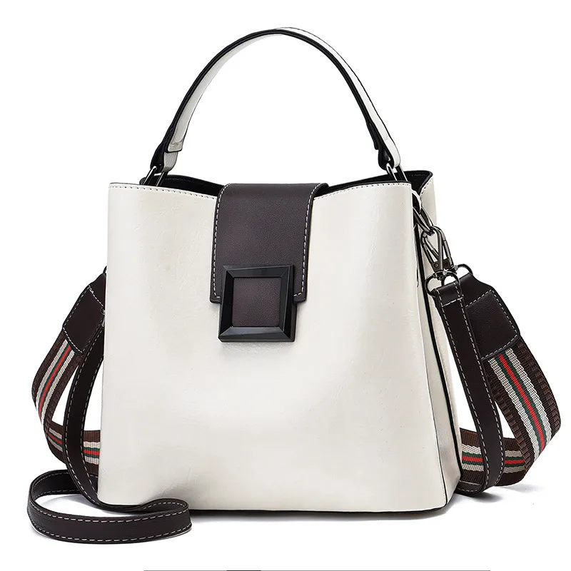 Solid Color Medium PU Leather Bucket Bag For Women With Clasp Buckle Closure, Basic Style Shoulder Bag