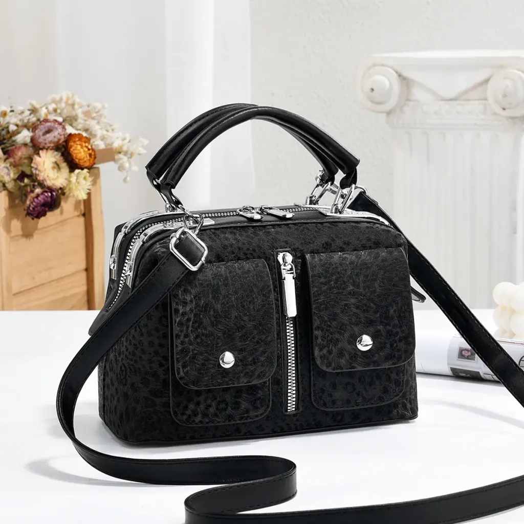 Leopard Print Boston Bag In PU Leather With Sewing Thread Detail, Featuring A Top Handle For Women