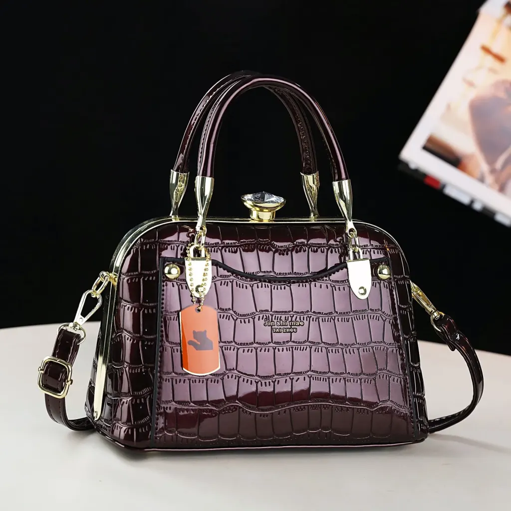 Crocodile Pattern PU Leather Dome Bag With Shell Shape And Sewing Thread Detail, Featuring Large Capacity And Top Handle
