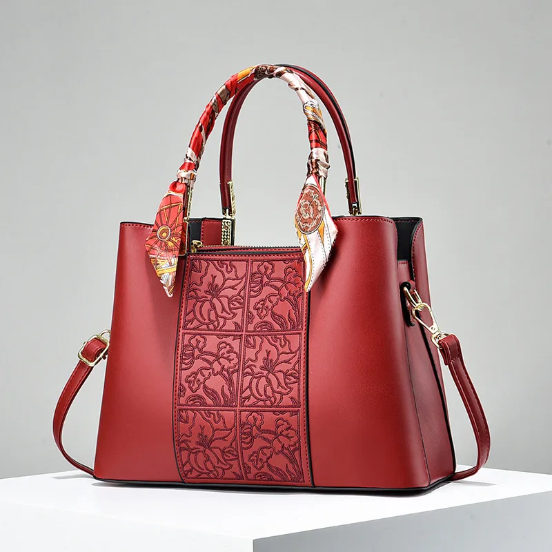 Women’s Square Splicing Diaper Backpack In PU Leather With Embroidery Detailing