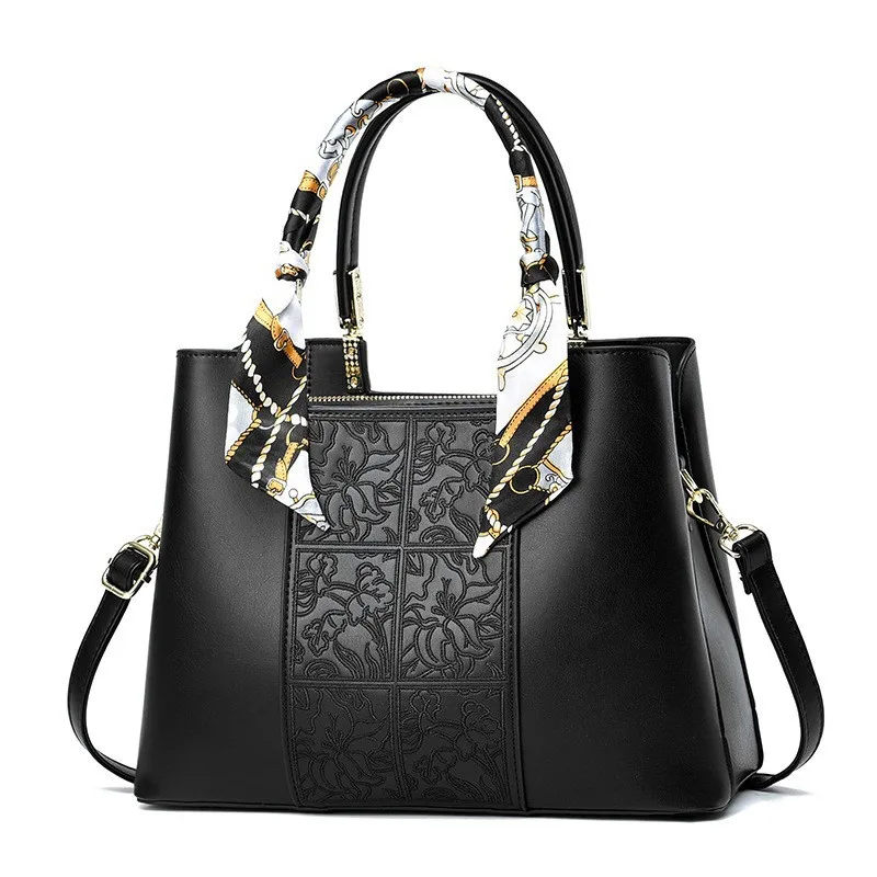 Women’s Square Splicing Diaper Backpack In PU Leather With Embroidery Detailing