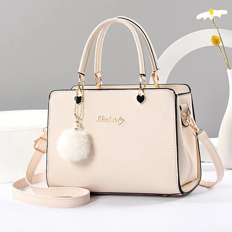 Fashion Large Solid Color Women Top Handle Bag In PU Leather With Fluff Ball And Zipper Closure