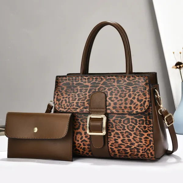 Leopard Print Square PU Leather Bag Set Featuring Sewing Thread Detail With Top Handle