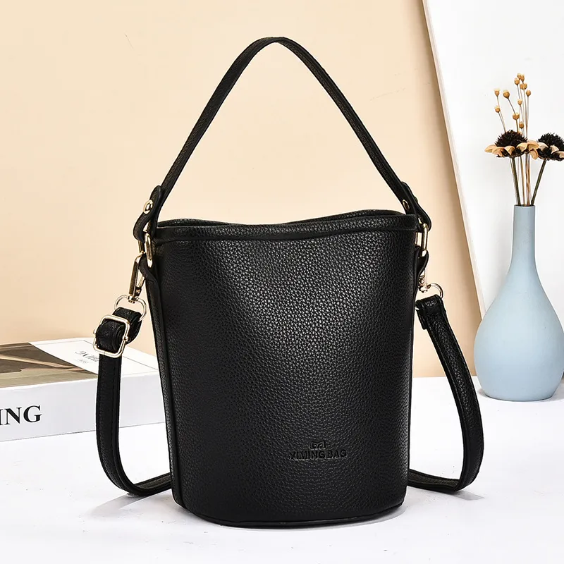 Women's PU Leather Bucket Bag Featuring Sewing Thread Details In Solid Color