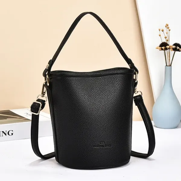 Women's PU Leather Bucket Bag Featuring Sewing Thread Details In Solid Color