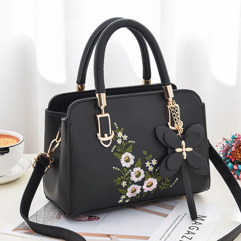 Classic Style Small PU Leather Flowers Tote Bag For Women With Zipper Closure