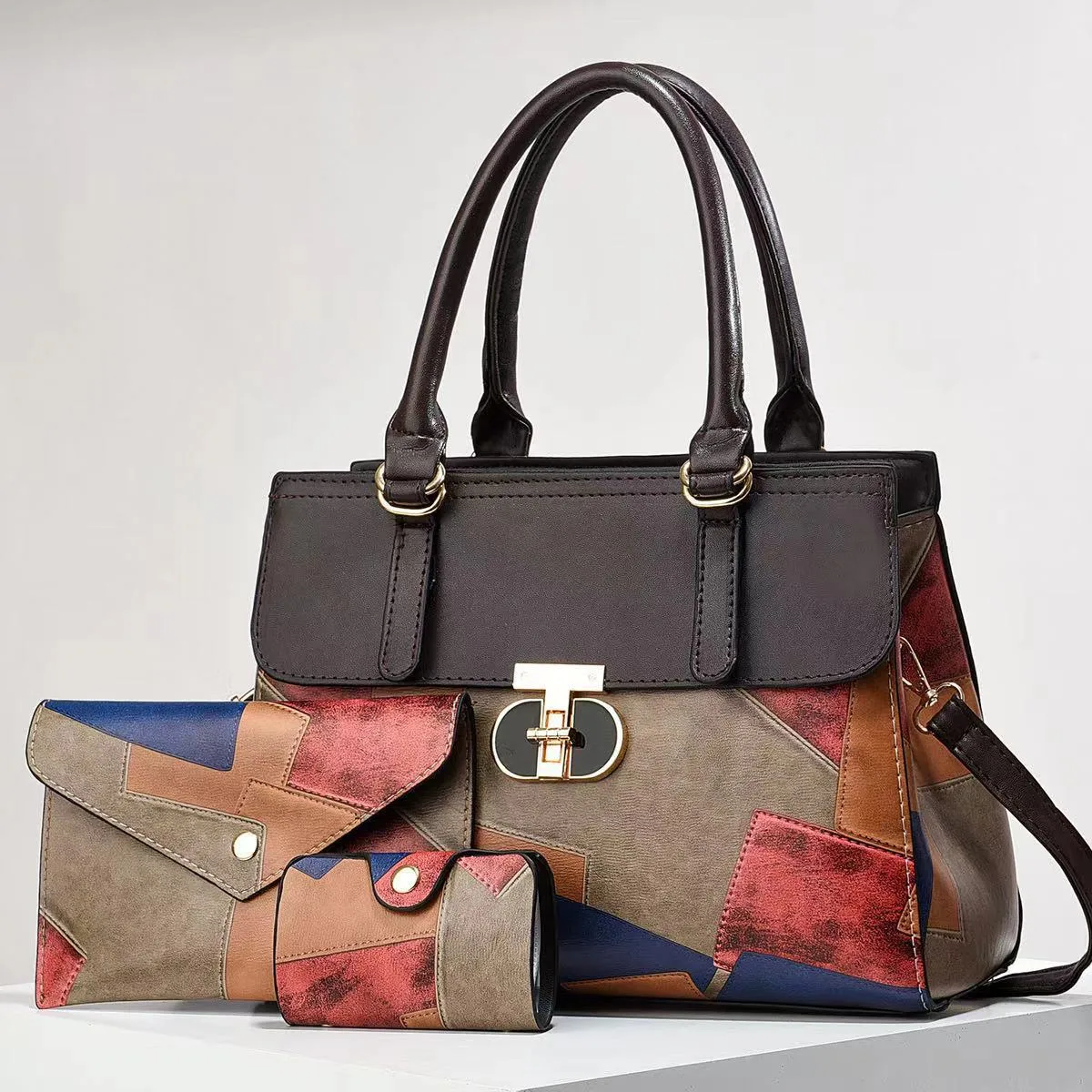 Women’s Color Block Square PU Leather Bag Set With Top Handle, Featuring Large Capacity