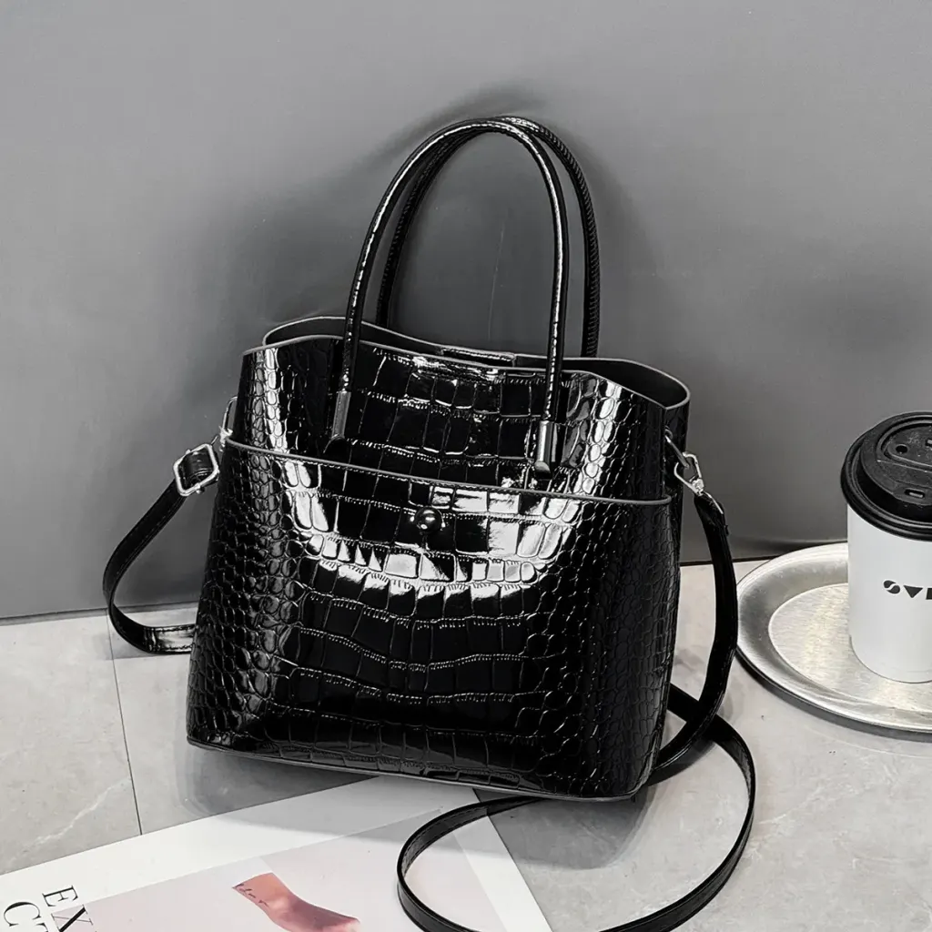 Women’s Crocodile Pattern Square PU Leather Tote Bag With Top Handle, Large Capacity Bucket Bag