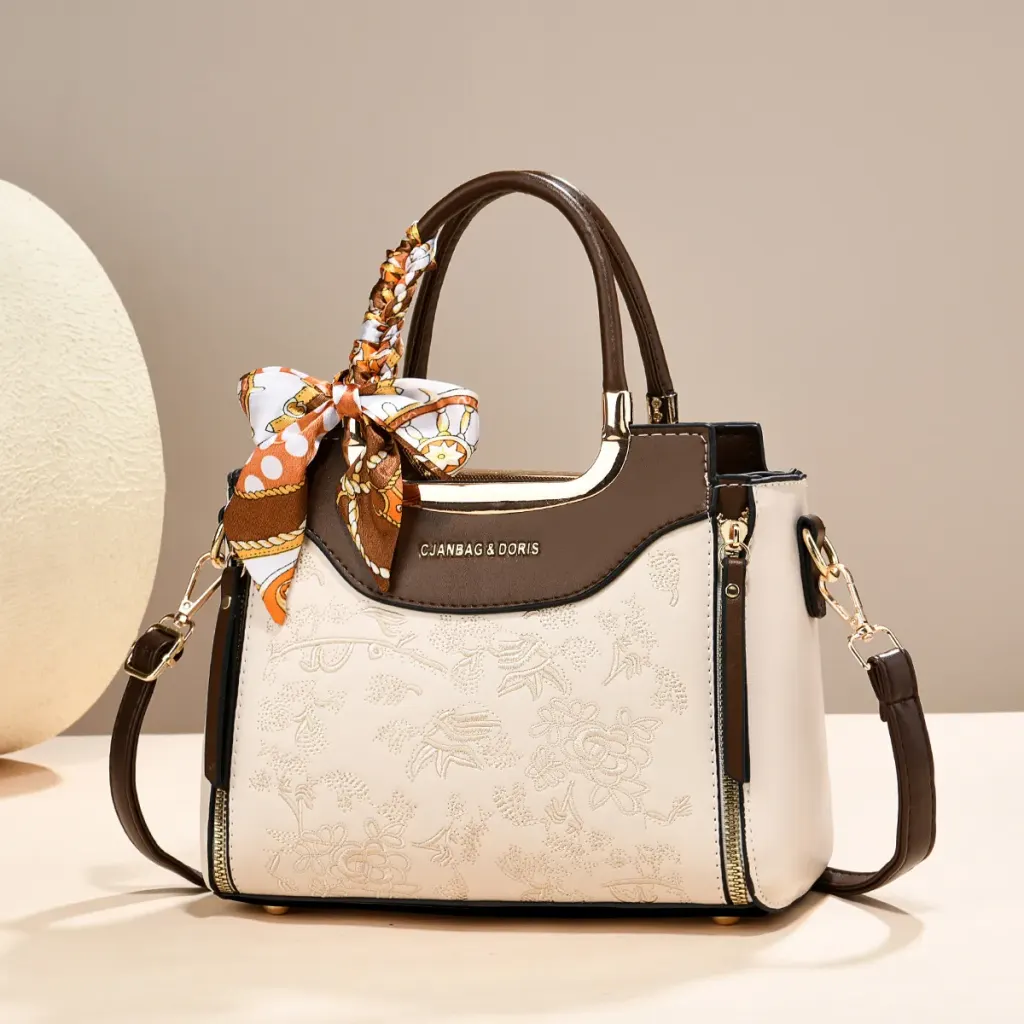 Color Block Square Tote Bag In PU Leather With Embroidery, Featuring Top Handle Design For Women