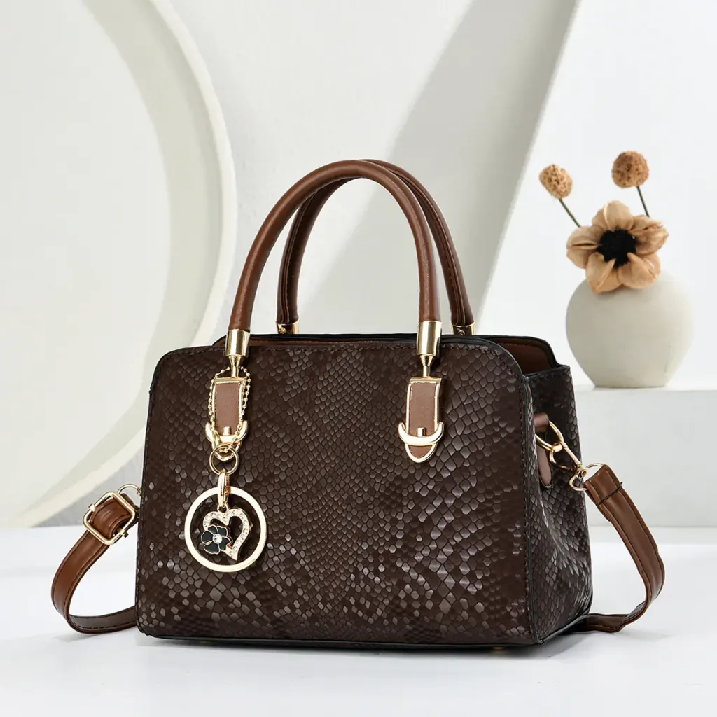 Women’s Snakeskin Pattern Square Handbag In PU Leather With Ornament Detail