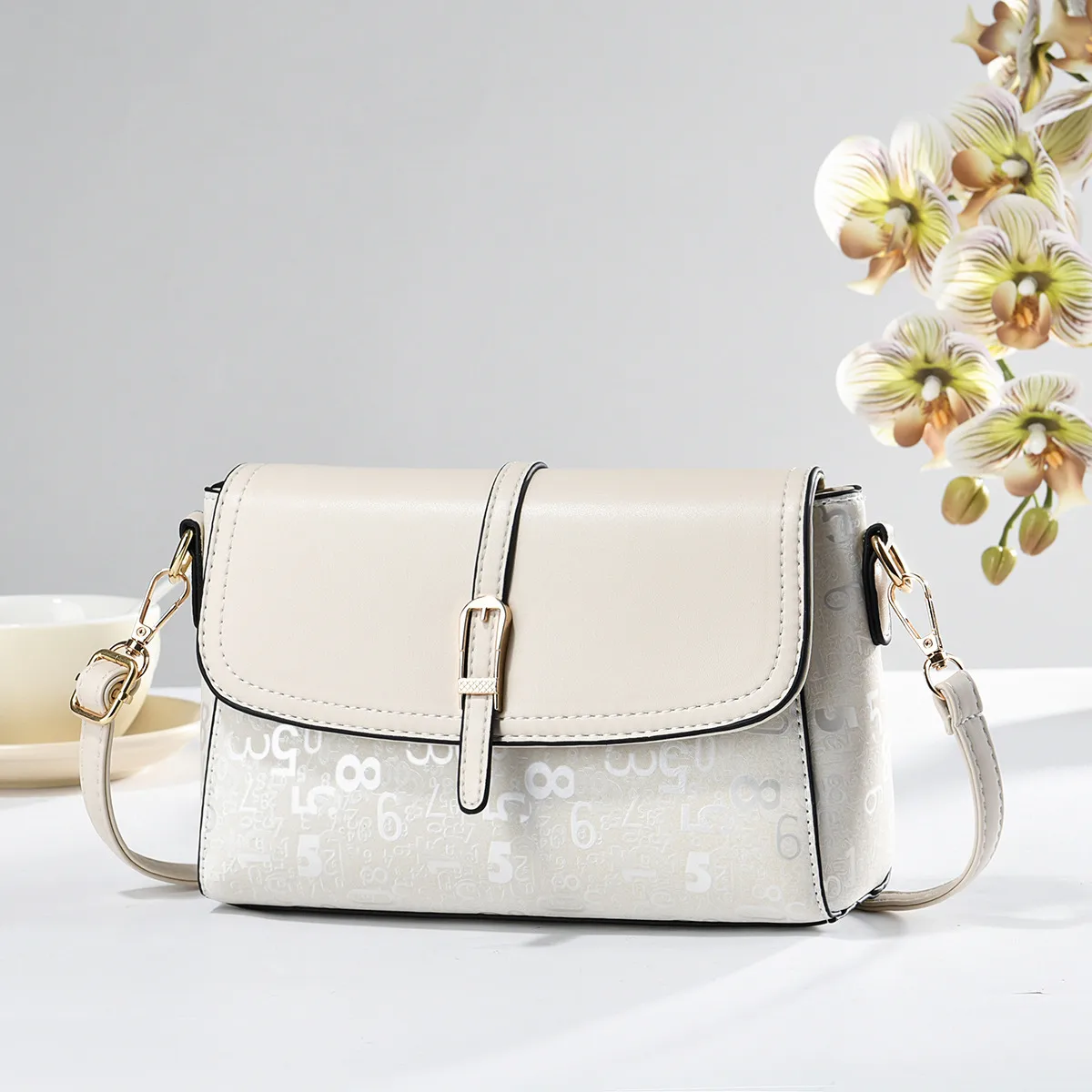 Women PU Leather Square Crossbody Bag With Sewing Thread Detail, Number Pattern Main image