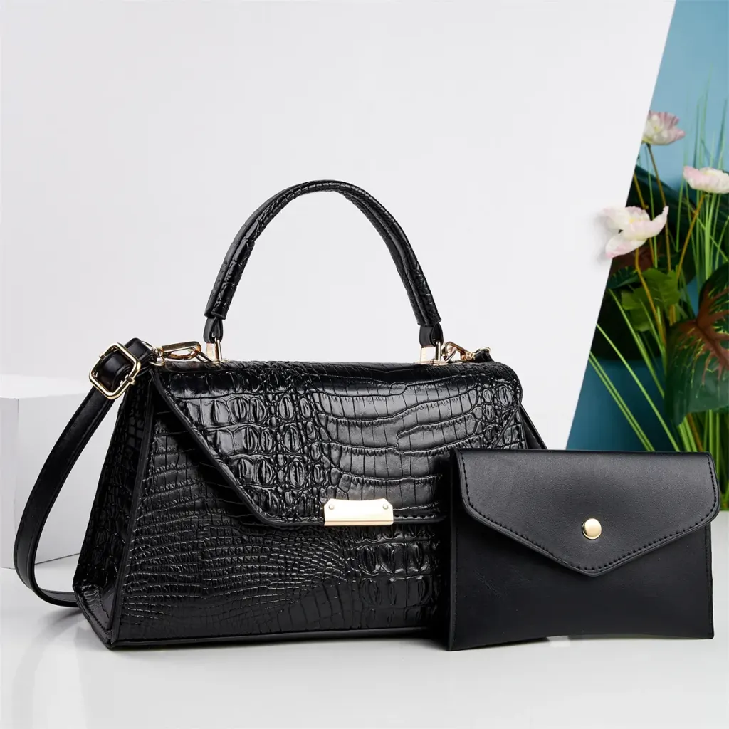Women’s Crocodile Pattern Square PU Leather Bag Set With Sewing Thread Detail, Featuring Single Shoulder Strap