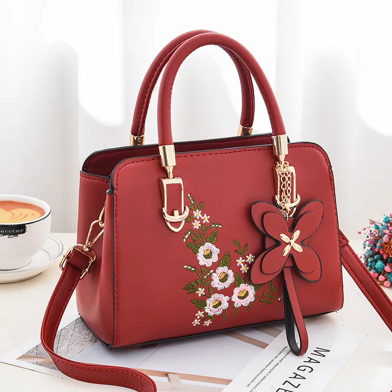 Classic Style Small PU Leather Flowers Tote Bag For Women With Zipper Closure