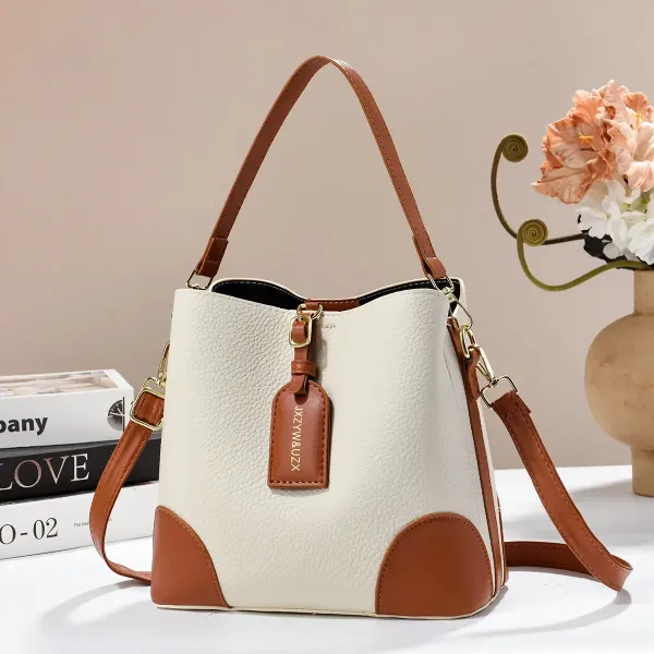Color Block PU Leather Bucket Bag With Sewing Thread Detail, Featuring Top Handle