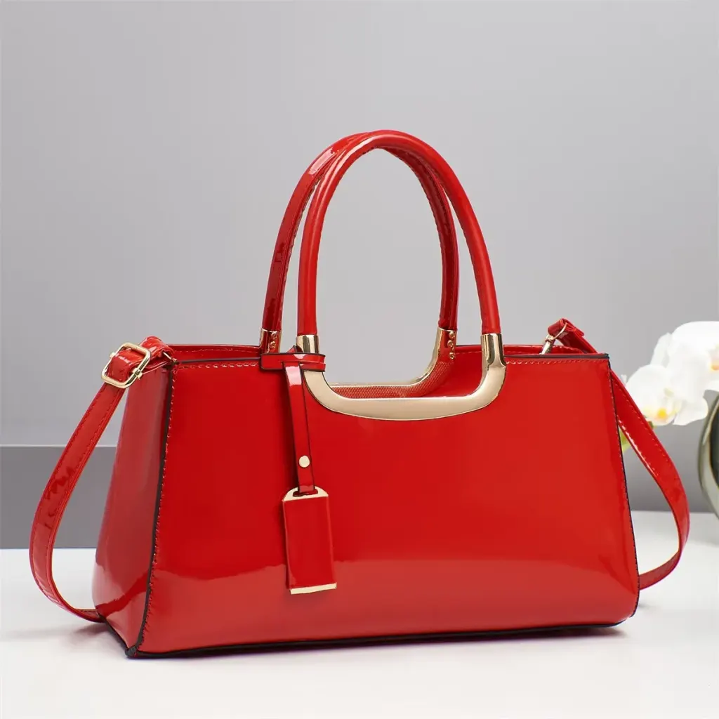 Women’s Square Patent Leather Handbag With Sewing Thread Detail, Top Handle And Large Capacity