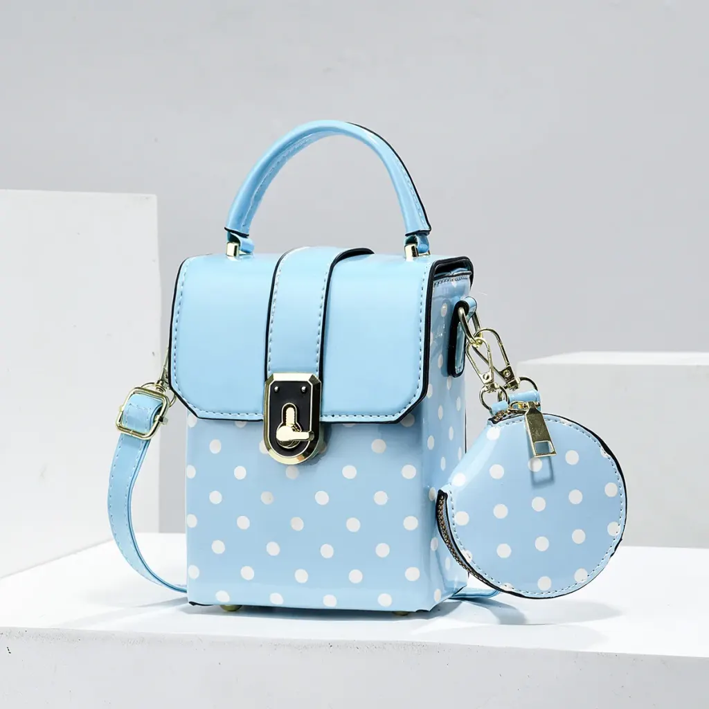 Polka Dots Square PU Leather Bag Set Featuring Sewing Thread With Top Handle
