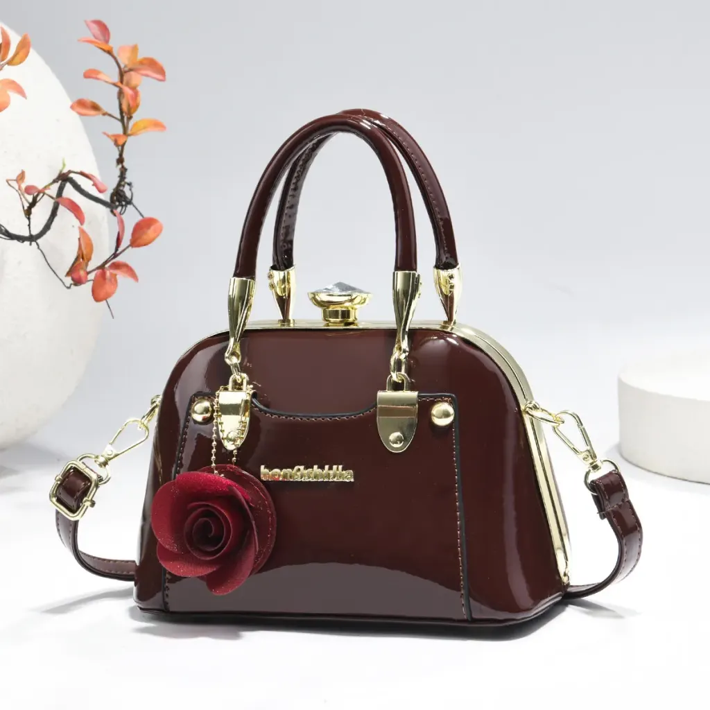 Women’s Dome Bag In Patent Leather With Shell Shape And Sewing Thread Detail, Featuring Top Handle