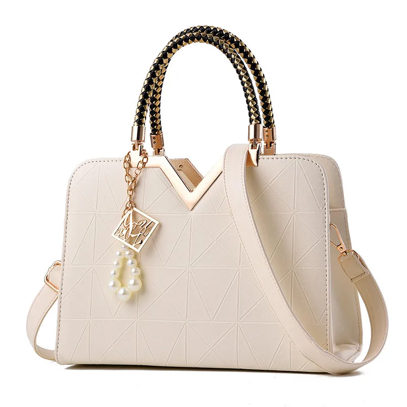 Solid Color Large Top Handle Bag For Women In Pu Leather With Zipper Closure Featuring European Vintage Style