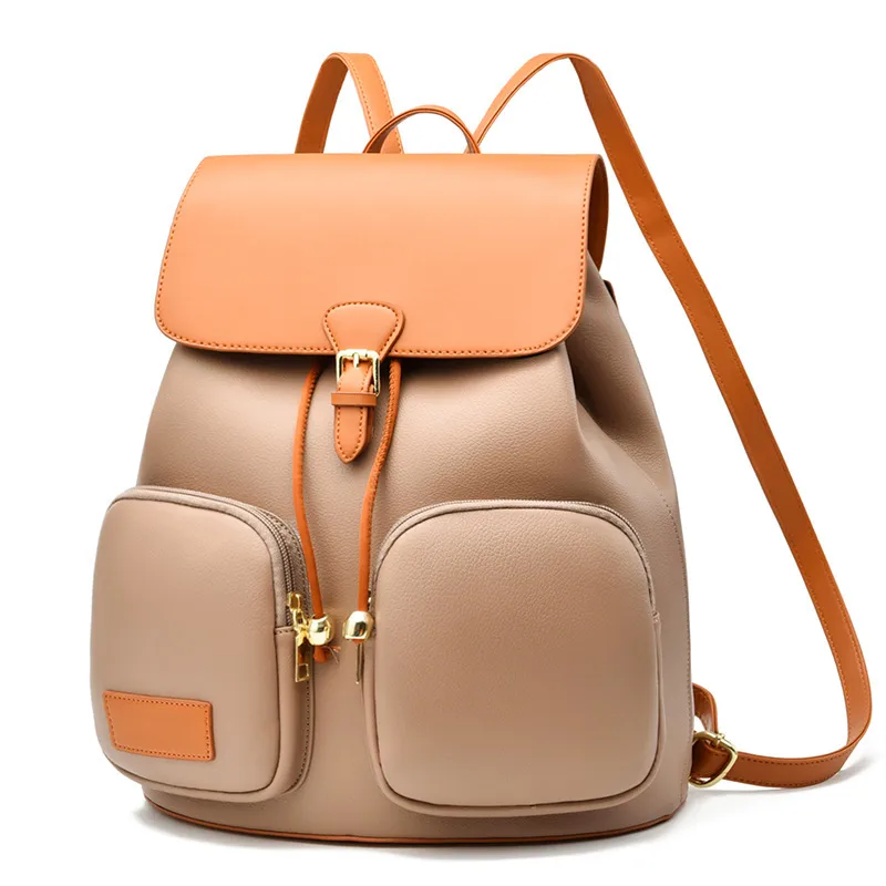 Color Block School Backpack For Women In PU Material With Stylish Sewing Thread Detail