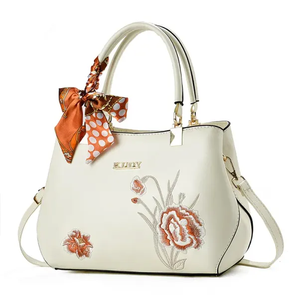 Women’s Square PU Leather Handbag With Embroidered Flowers, Featuring Top Handle For Elegant Style