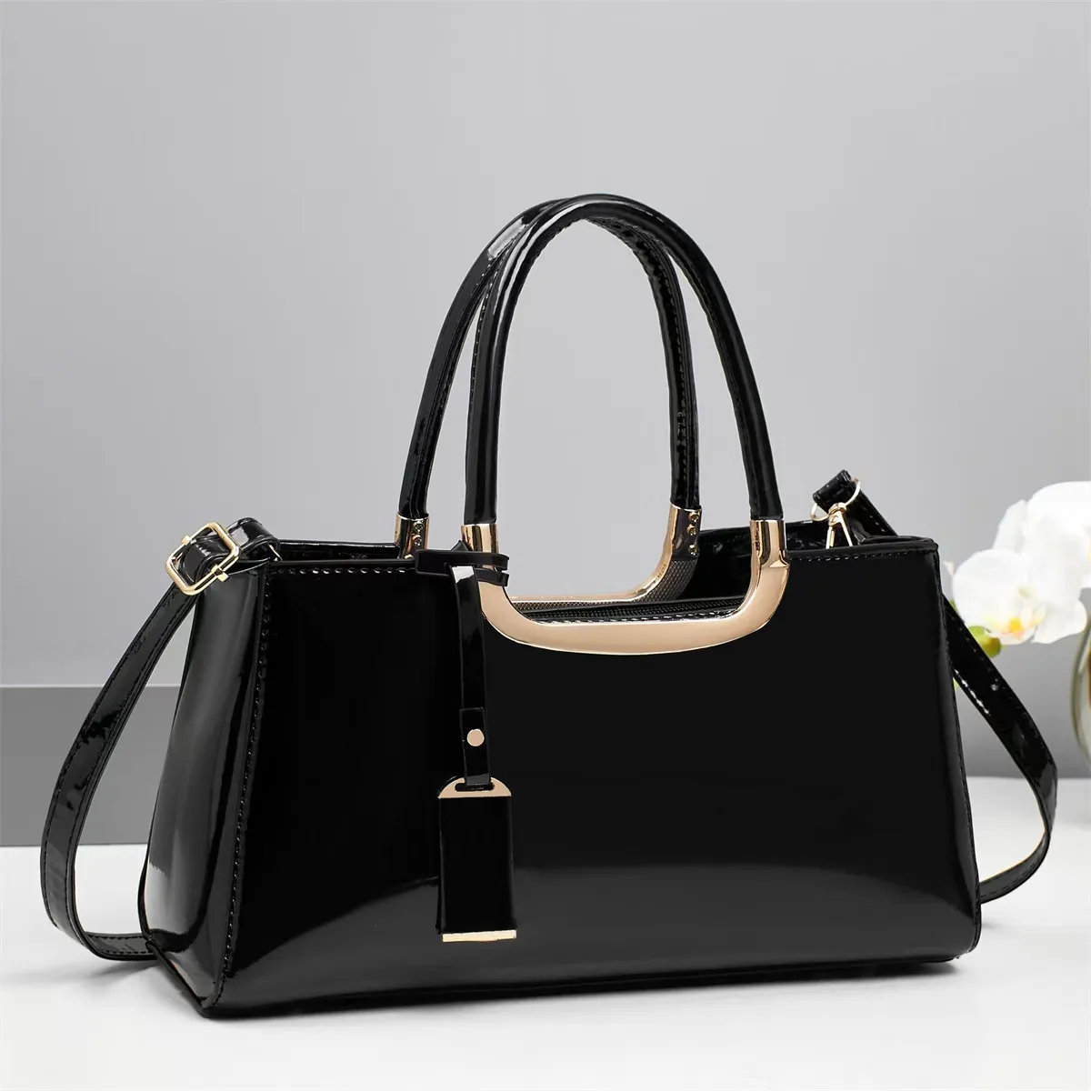 Women’s Square Patent Leather Handbag With Sewing Thread Detail, Top Handle And Large Capacity Main image