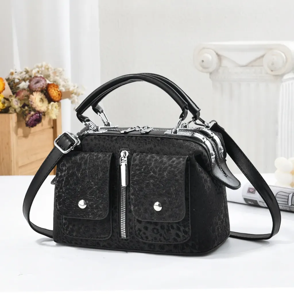 Leopard Print Boston Bag In PU Leather With Sewing Thread Detail, Featuring A Top Handle For Women