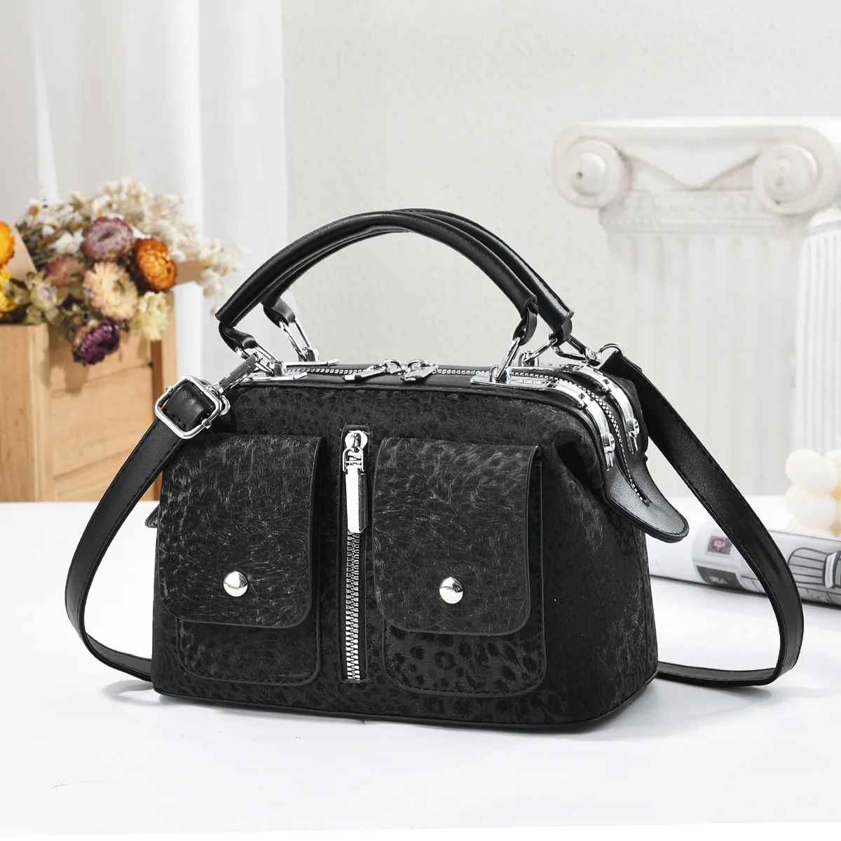 Leopard Print Boston Bag In PU Leather With Sewing Thread Detail, Featuring A Top Handle For Women