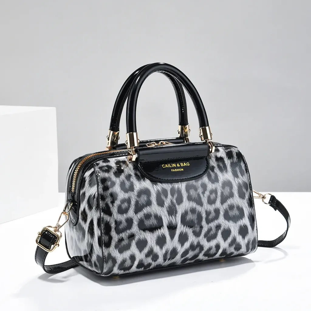 Leopard Print Pillow Shape Bag For Women In PU Leather With Sewing Thread Detail, Featuring Top Handle Design
