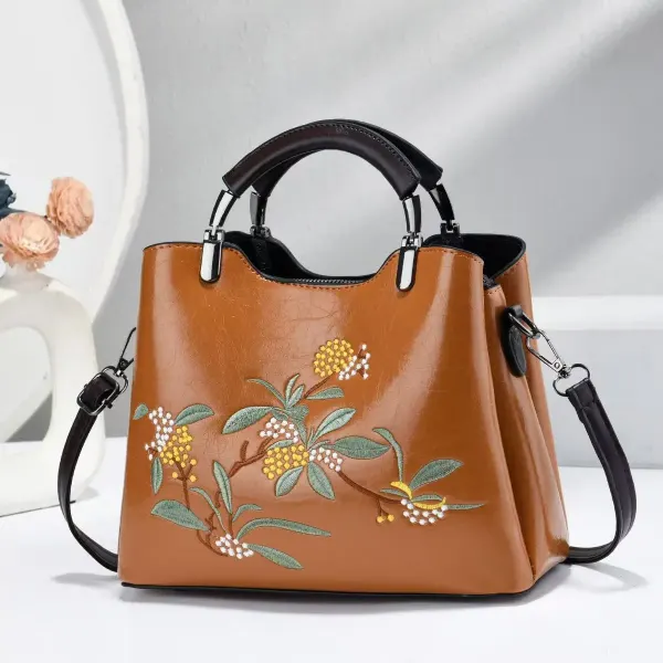 Women’s Square PU Leather Handbag With Embroidered Flowers Featuring Top Handle