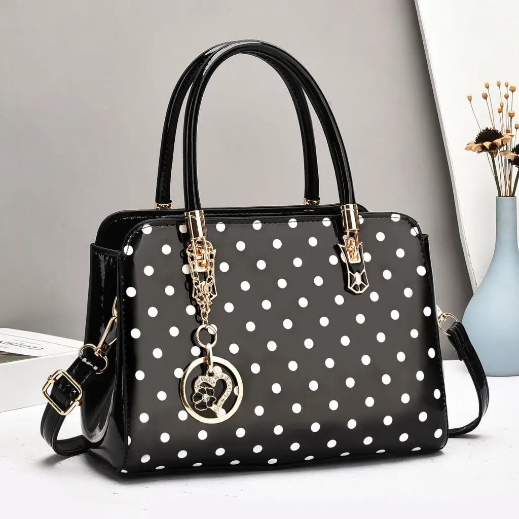 Women’s Patent Leather Boston Bag With Polka Dots And Square Shape Featuring Sewing Thread