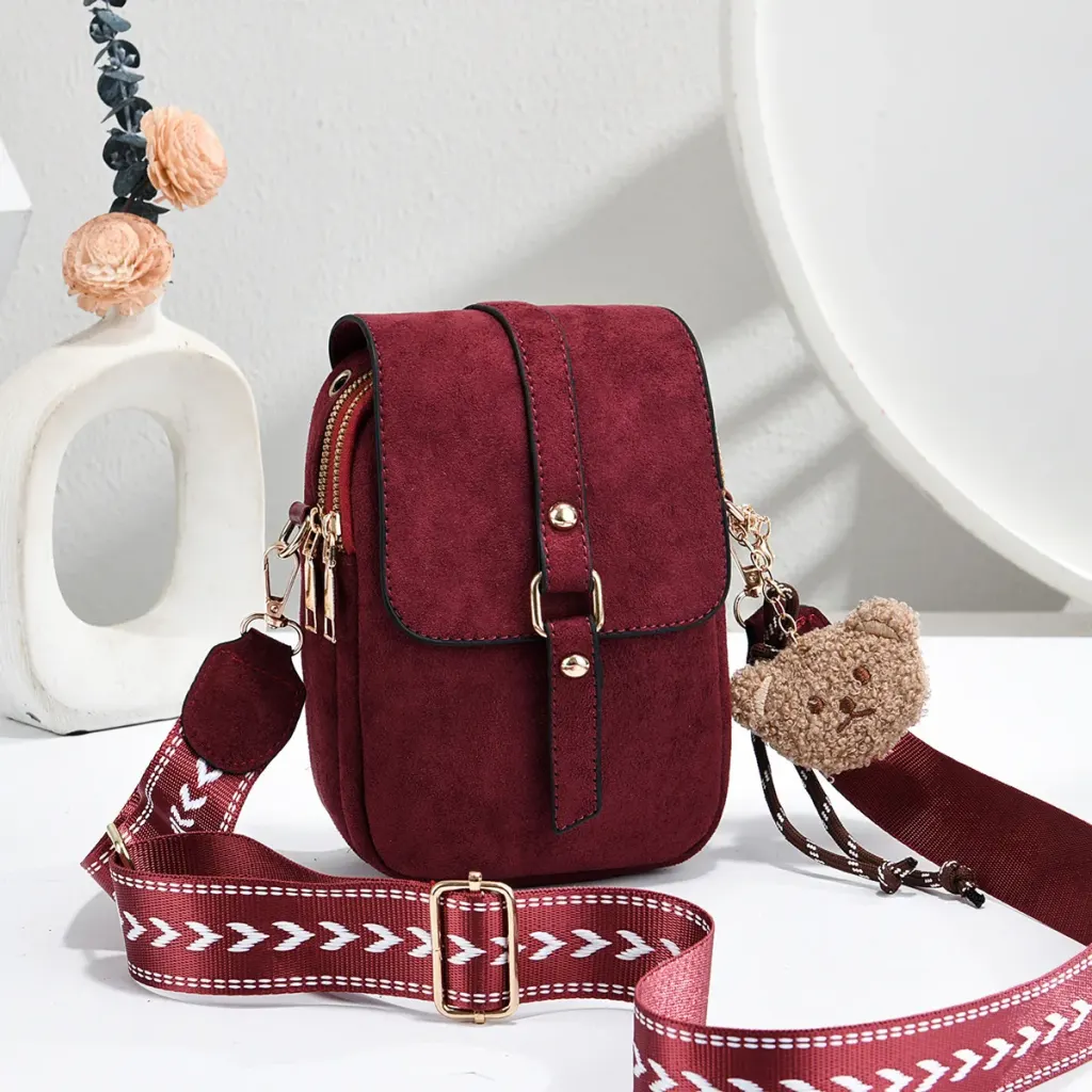Little Bear Square PU Leather Phone Wallet For Women Featuring Sewing Thread Design