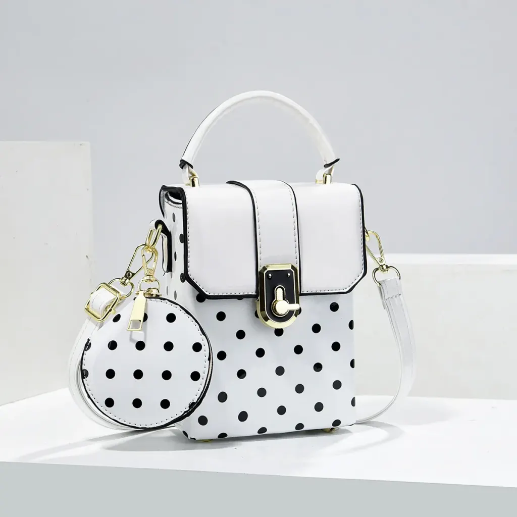 Polka Dots Square PU Leather Bag Set Featuring Sewing Thread With Top Handle