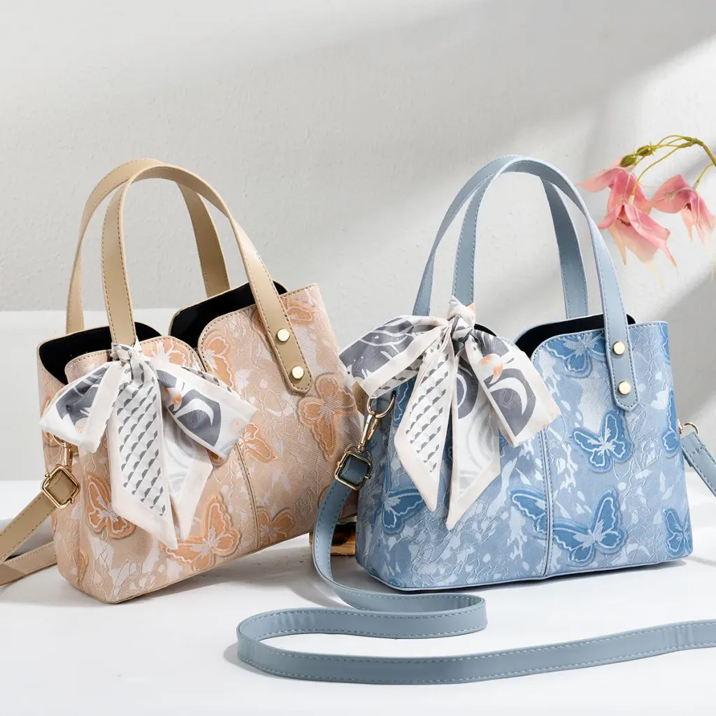 Butterfly Square PU Leather Tote Bag With Sewing Thread Detail, Top Handle Design For Spring And Summer