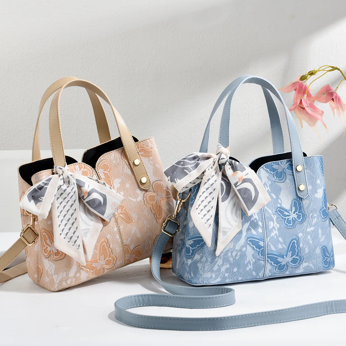 Butterfly Square PU Leather Tote Bag With Sewing Thread Detail, Top Handle Design For Spring And Summer