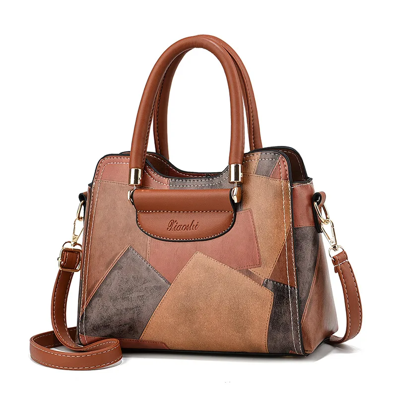 Women’s Square Splicing PU Leather Handbag With Top Handle