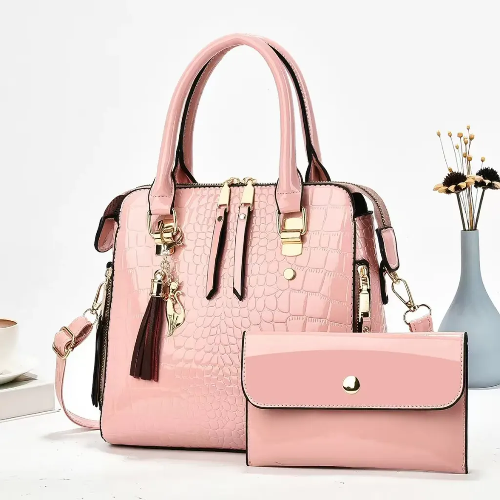 Crocodile Pattern Square Shoulder Bag For Women In Patent Leather With Sewing Thread Detail And Single Shoulder Strap