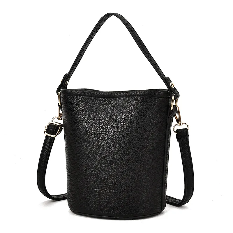 Women's PU Leather Bucket Bag Featuring Sewing Thread Details In Solid Color