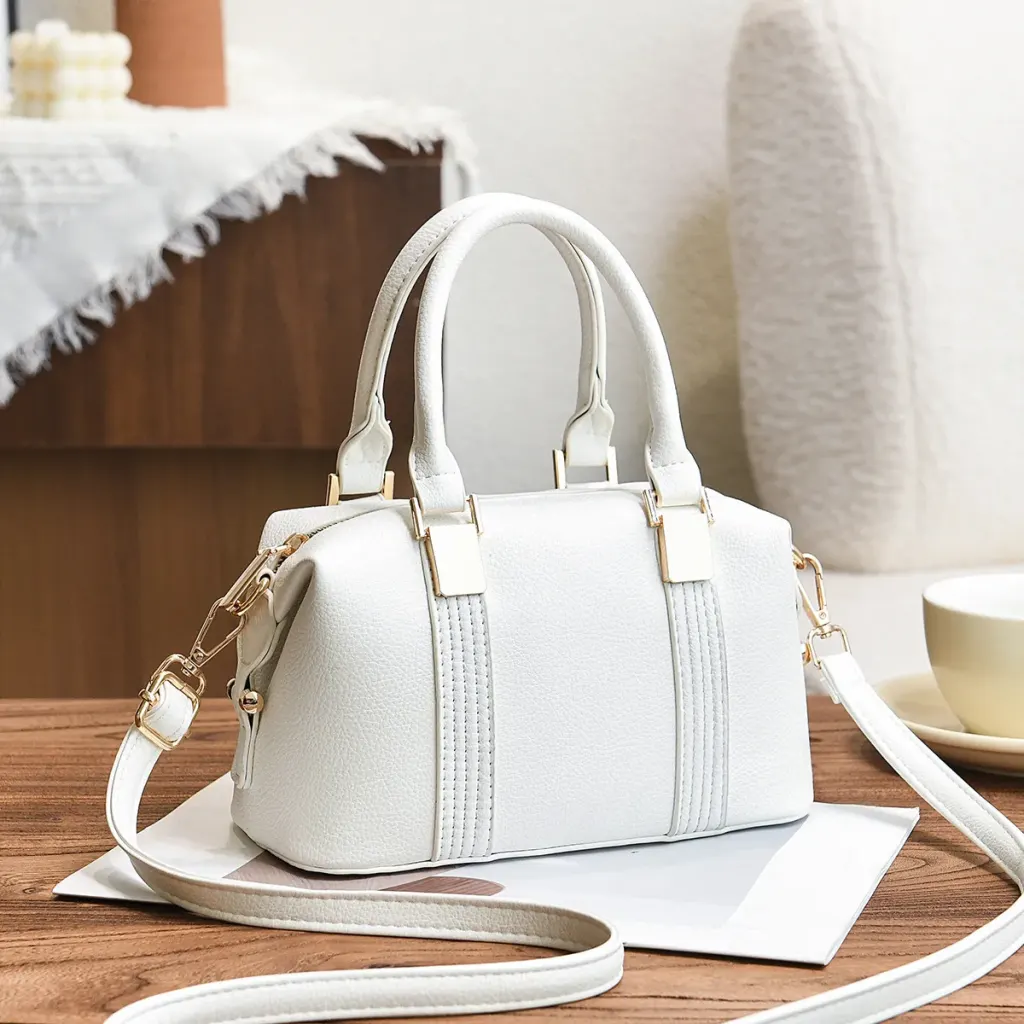 Women’s Square Boston Bag In PU Leather With Sewing Thread Detail, Top Handle