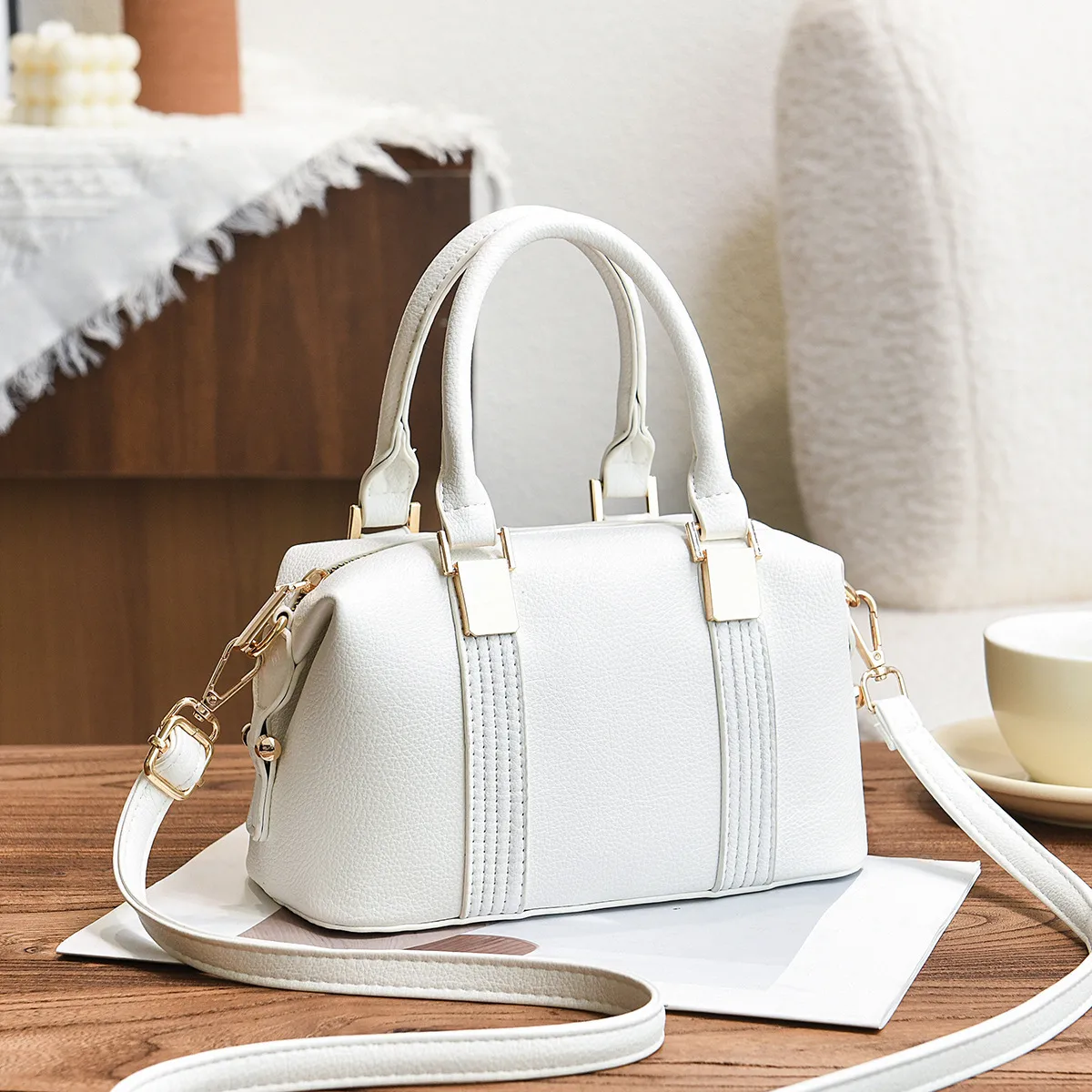 Women’s Square Boston Bag In PU Leather With Sewing Thread Detail, Top Handle