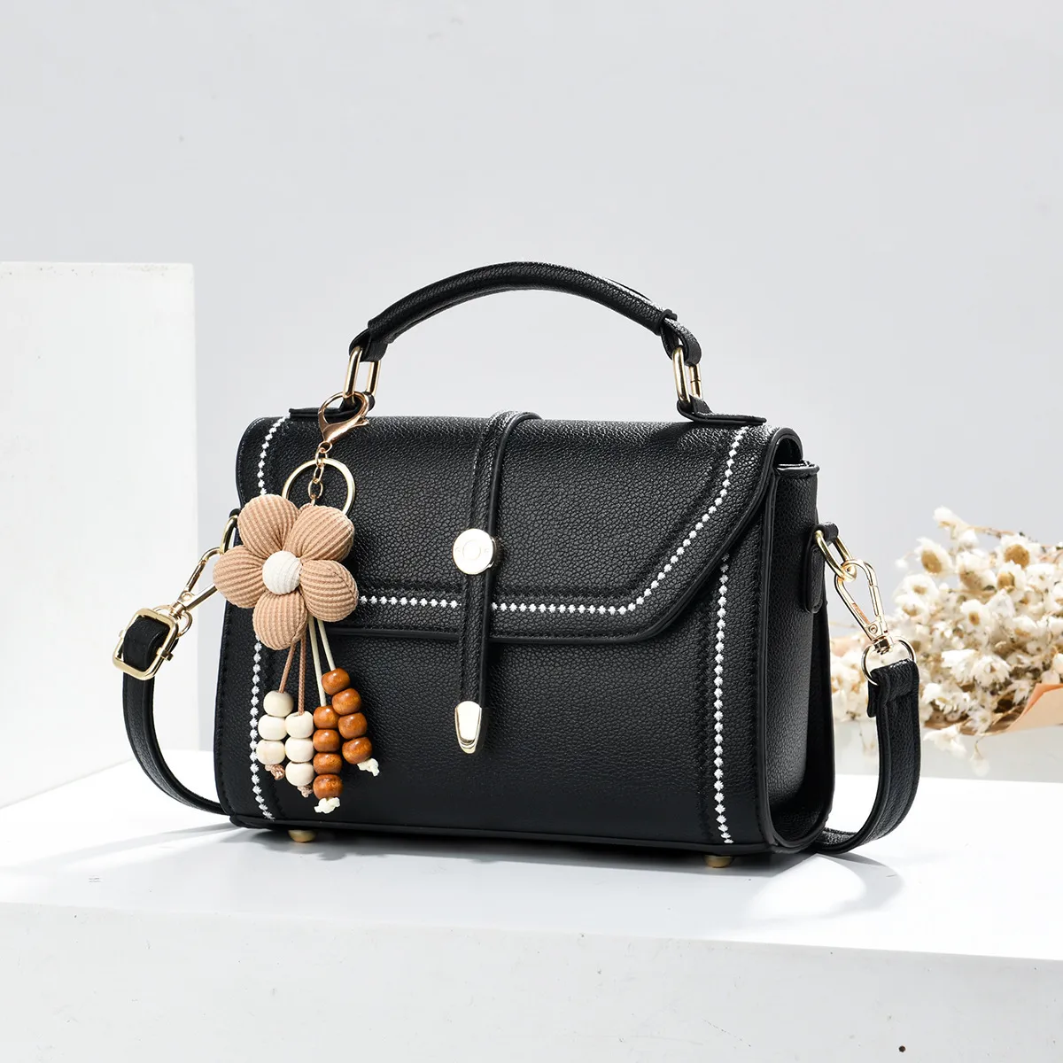 Women’s Square Bag In PU Leather Featuring Sewing Thread Design With Top Handle, Stylish Small Square Bag Main image