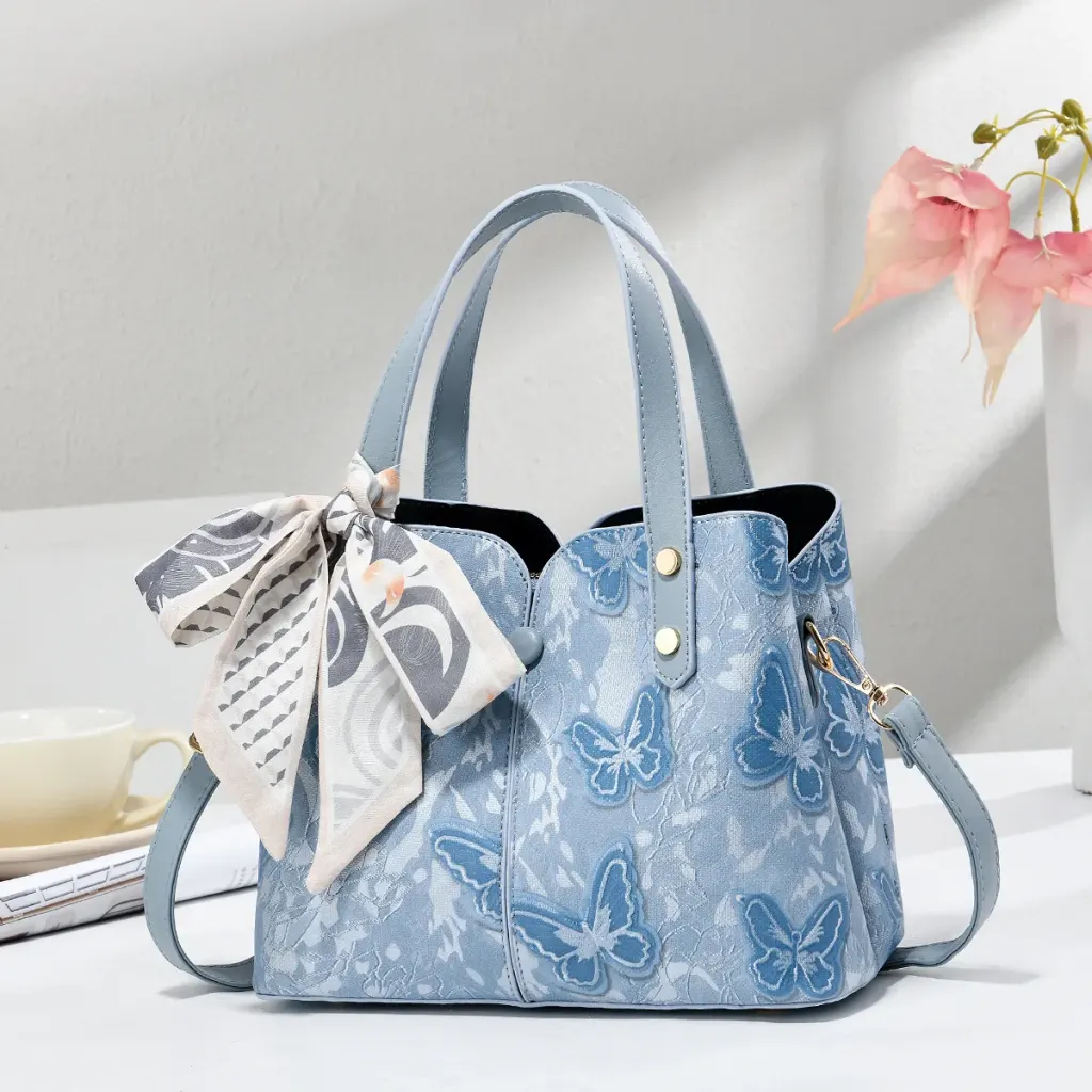 Butterfly Square PU Leather Tote Bag With Sewing Thread Detail, Top Handle Design For Spring And Summer