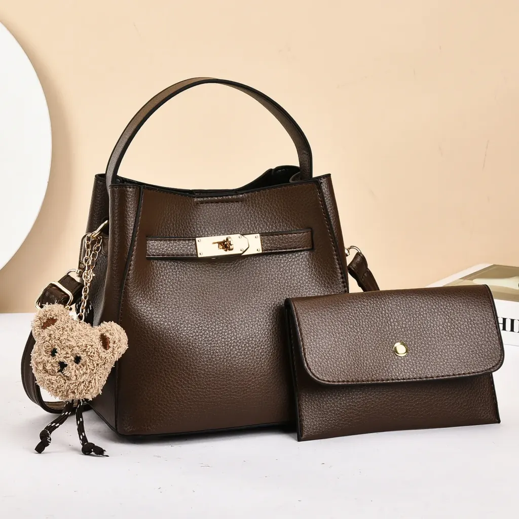 Solid Color PU Leather Bucket Bag For Women With Sewing Thread Detail, Featuring Top Handle Design