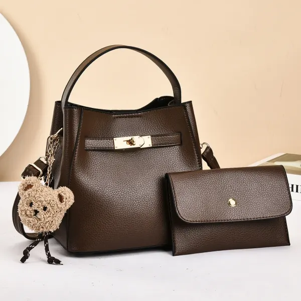 Solid Color PU Leather Bucket Bag For Women With Sewing Thread Detail, Featuring Top Handle Design